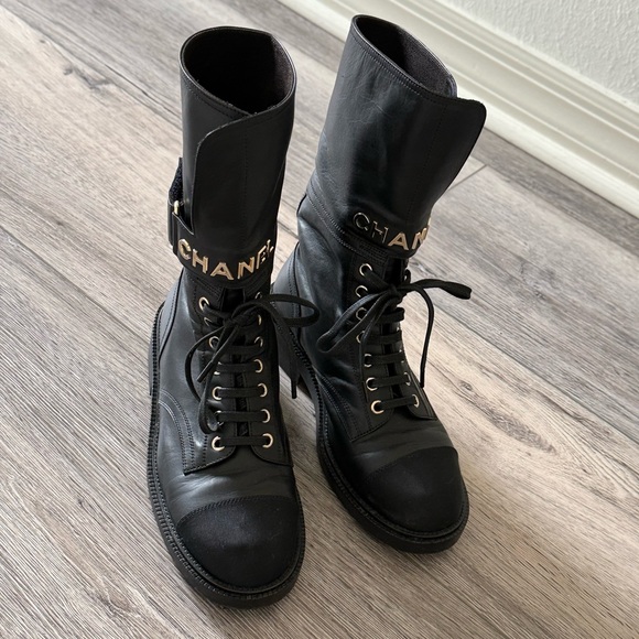 Chanel Black Leather Combat Boots with Logo Strap - Picture 1 of 3